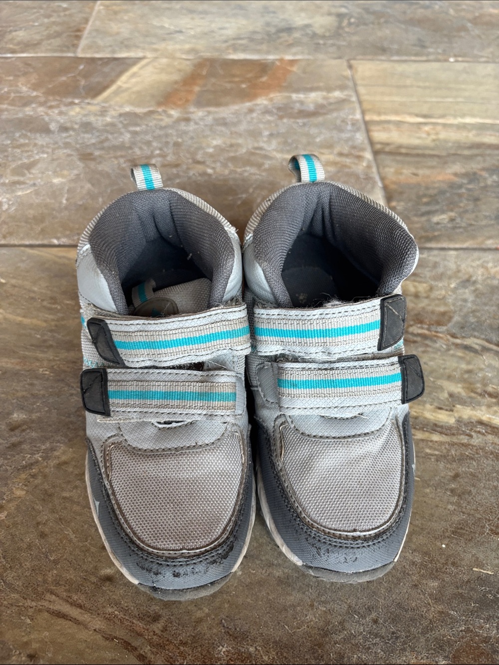 Kids Gray Sneakers with Teal Stripe Velcro Closure